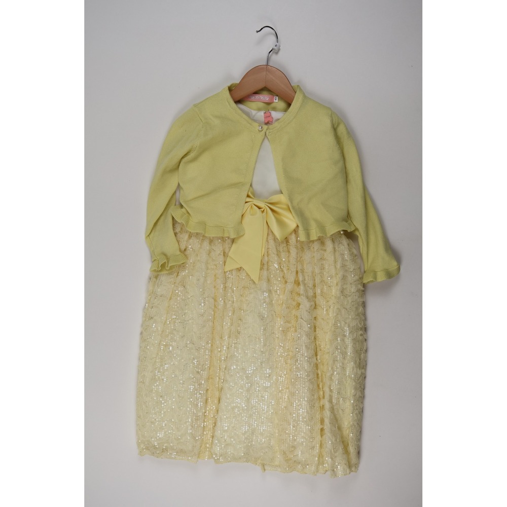 Pink Butterfly Dress Set Bolero Cardigan Yellow Sequin Lace 6 NWT